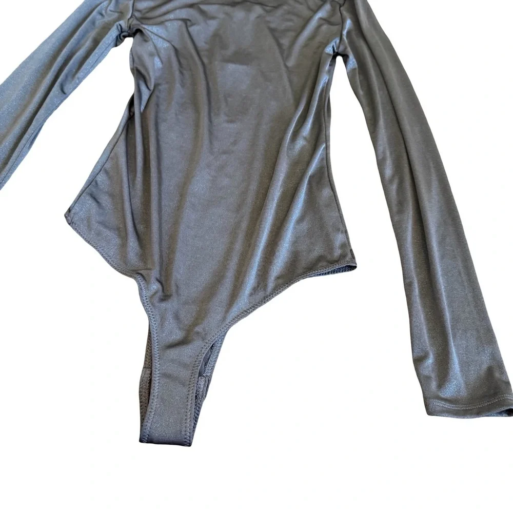 BCBGMaxAzria Turtleneck Bodysuit Shimmer Stretch Grey Long Sleeve Stretch XS NWT - Picture 11 of 15